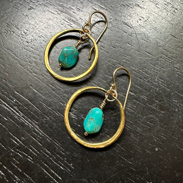 Raw Turquoise Earrings in Tiny Gold Hoops