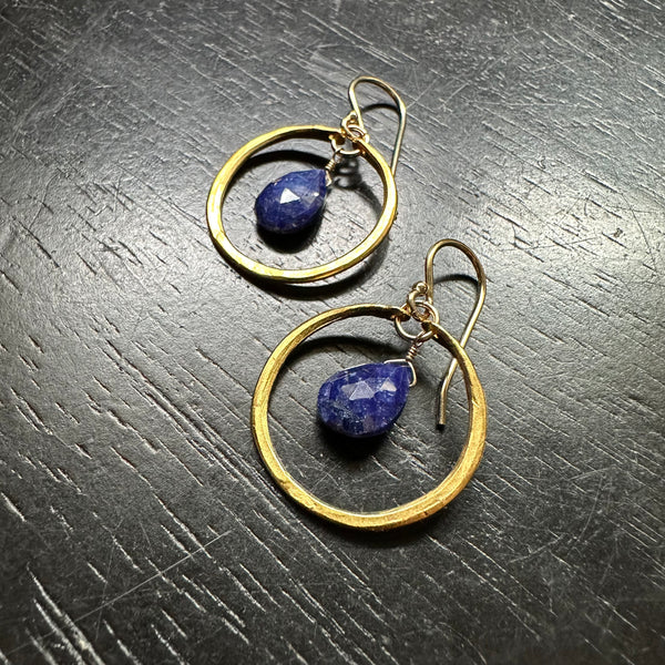 Tiny Gold Hoops with Teardrop Sapphires