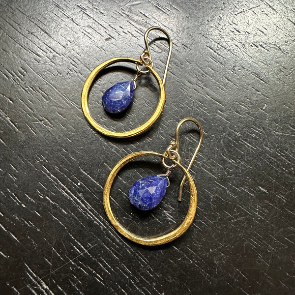 Tiny Gold Hoops with Teardrop Sapphires