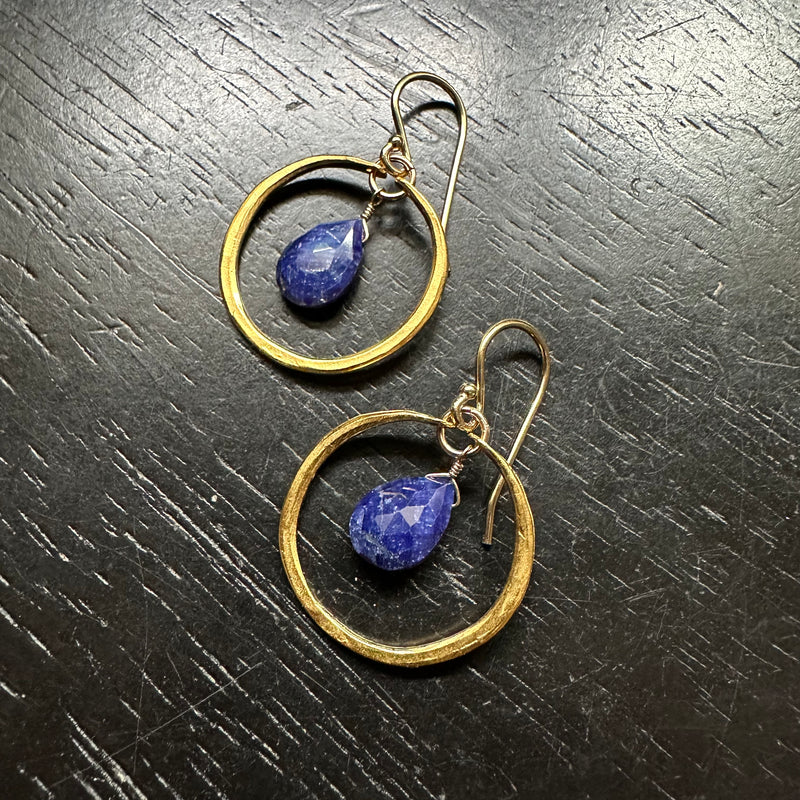 Tiny Gold Hoops with Teardrop Sapphires