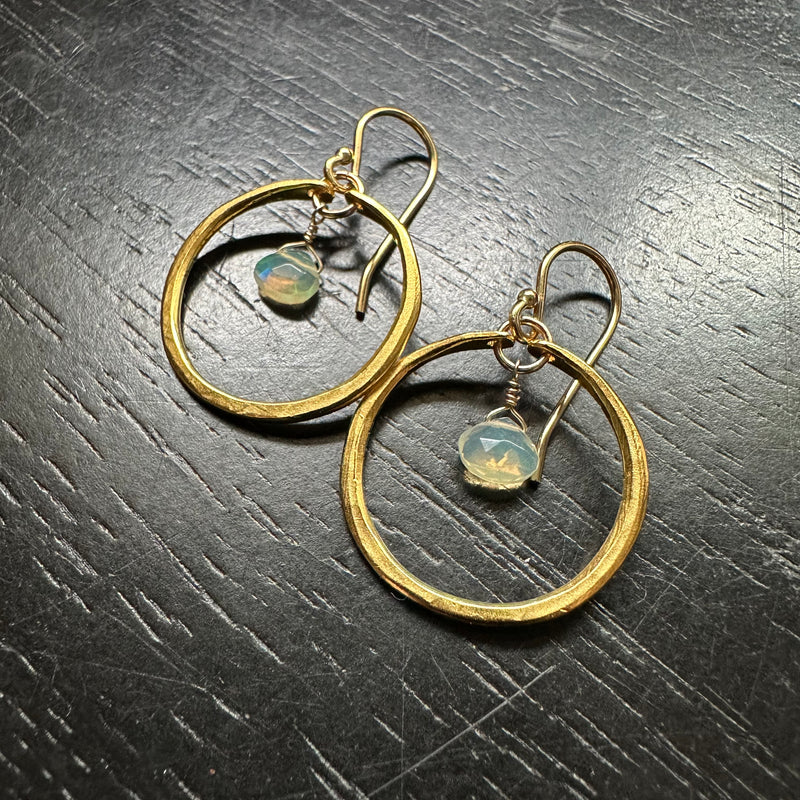 Tiny Gold Hoops with Teardrop Opals