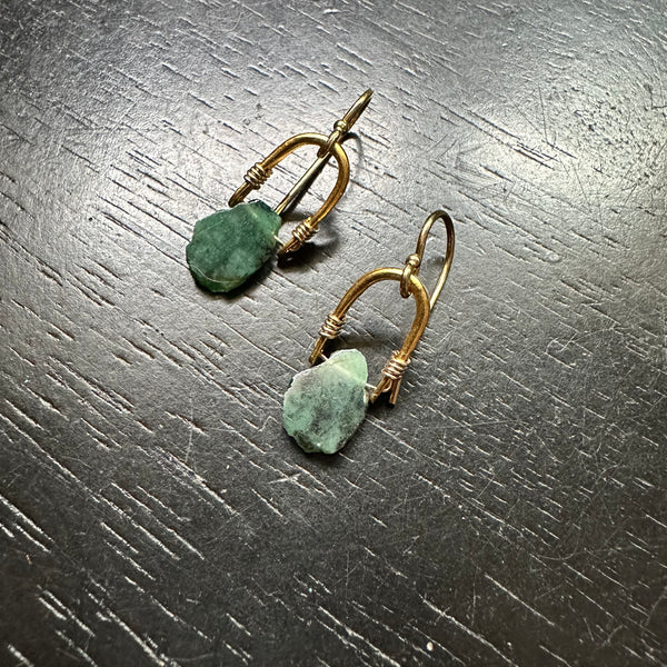 Tiny Gold Taliswoman Earrings with Raw Emeralds