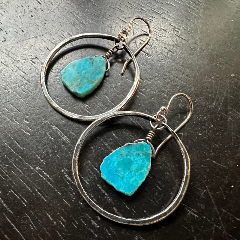 2 Pairs left: SMALL SILVER HOOPS with TURQUOISE SLICES (DECEMBER BIRTHSTONE) SUPER TEAL!