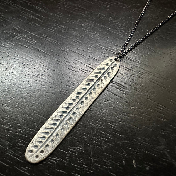 LONG Carved Feather Necklace: YOUR CHOICE BRASS OR SILVER