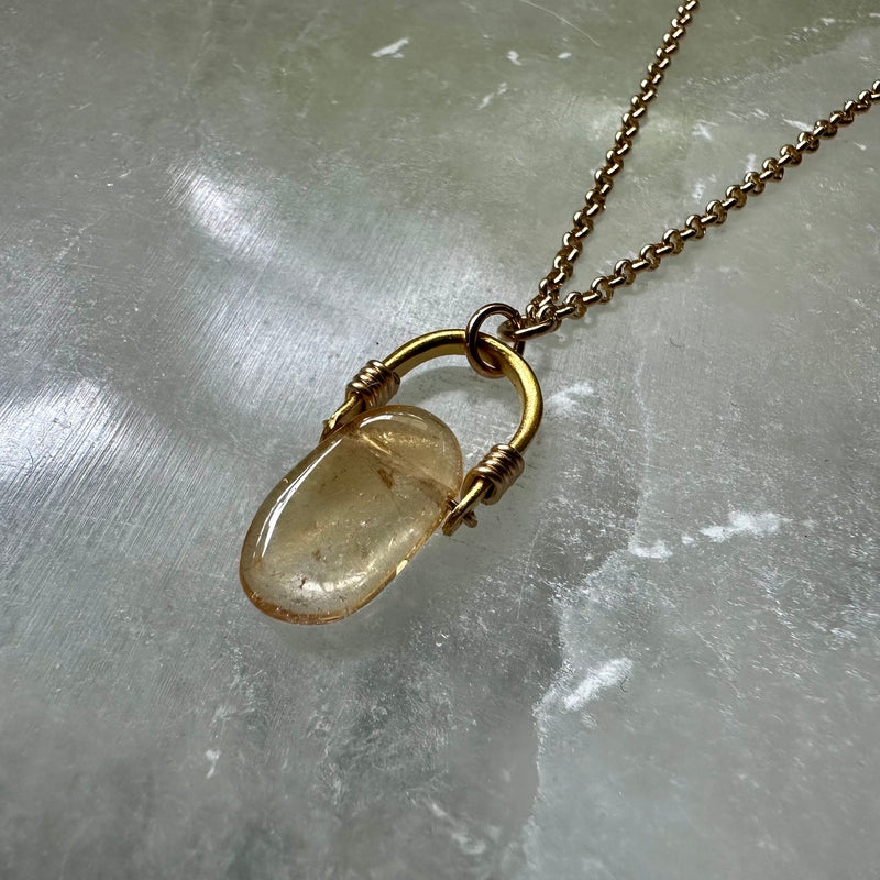 Tiny Oval Citrine Gold Taliswoman Necklace, 24K Gold Bail