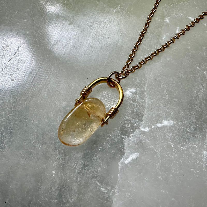 Tiny Oval Citrine Gold Taliswoman Necklace, 24K Gold Bail