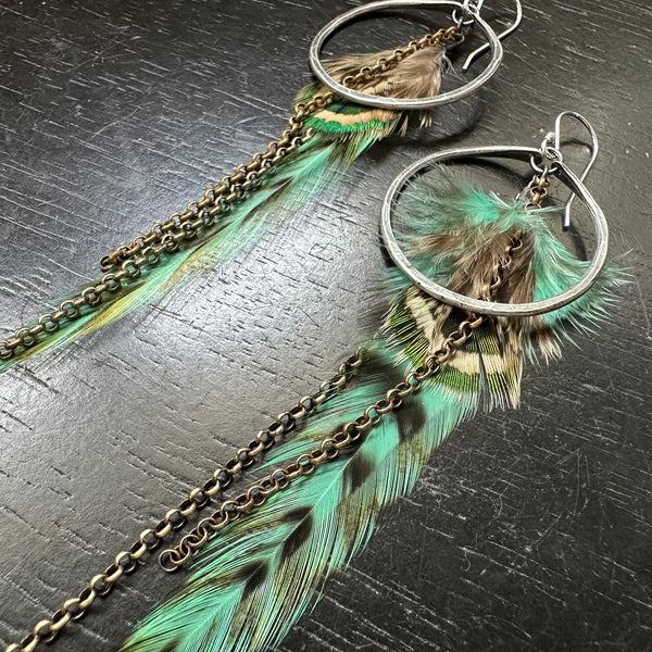 NEW! #5 SMALL Silver Hoops, Teal/Black striped Base, Fluffy Teal/Tan Accents, Brass Chains! OOAK#5