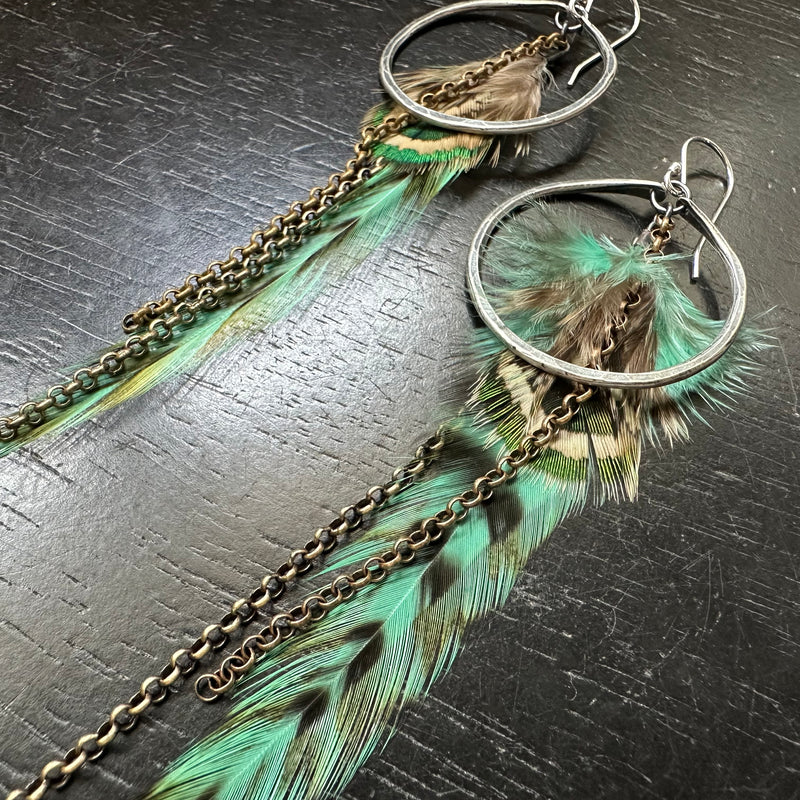 NEW! #5 SMALL Silver Hoops, Teal/Black striped Base, Fluffy Teal/Tan Accents, Brass Chains! OOAK#5