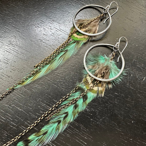 NEW! #5 SMALL Silver Hoops, Teal/Black striped Base, Fluffy Teal/Tan Accents, Brass Chains! OOAK#5