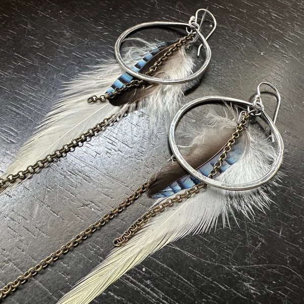 NEW! #6 Small Silver Hoops, Fluffy White base + Blue Jay accent feathers OOAK #6