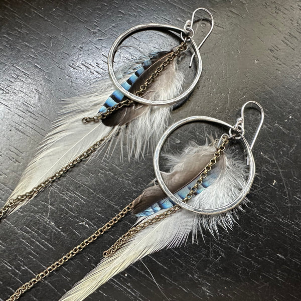 NEW! #6 Small Silver Hoops, Fluffy White base + Blue Jay accent feathers OOAK #6