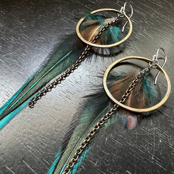 NEW! #4 Small Brass Hoops with Teal/Black Base/Fluffy Tan/Teal Accent feathers OOAK#4