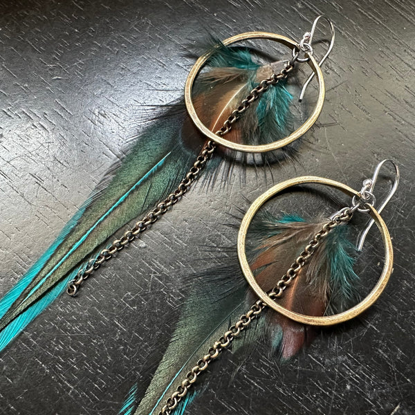 NEW! #4 Small Brass Hoops with Teal/Black Base/Fluffy Tan/Teal Accent feathers OOAK#4