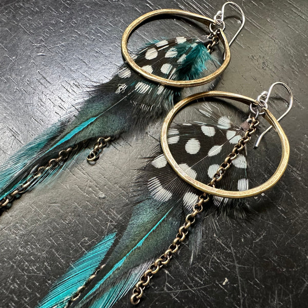 NEW! #3 Small Brass Hoops with Teal/Black Base/Bright + Polka Dot Accent feathers OOAK#3