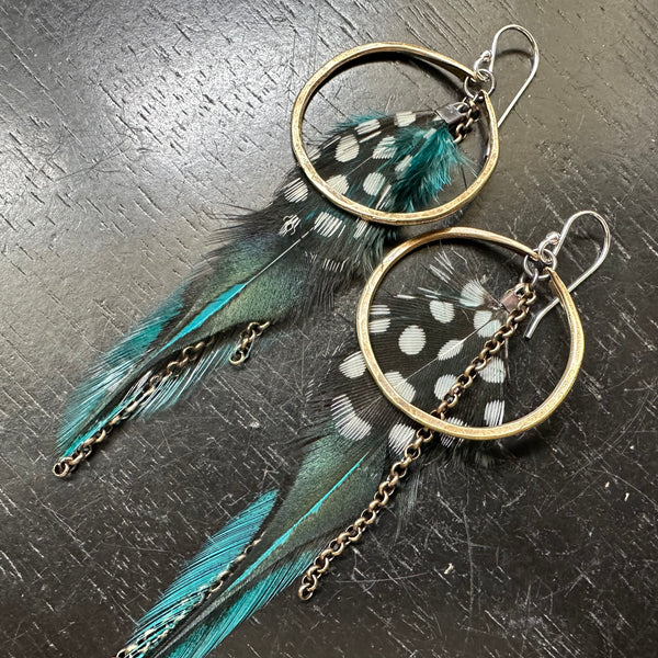 NEW! #3 Small Brass Hoops with Teal/Black Base/Bright + Polka Dot Accent feathers OOAK#3