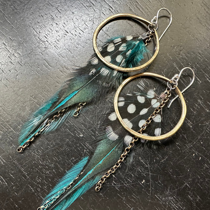 NEW! #3 Small Brass Hoops with Teal/Black Base/Bright + Polka Dot Accent feathers OOAK#3