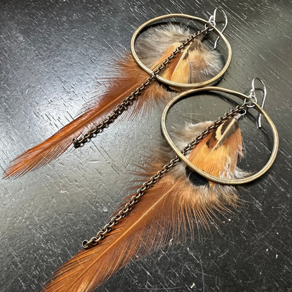 NEW! #7 Medium Brass Hoops, Fluffy rust Base, Tan/Brown/Black accent Feathers, chains OOAK #7