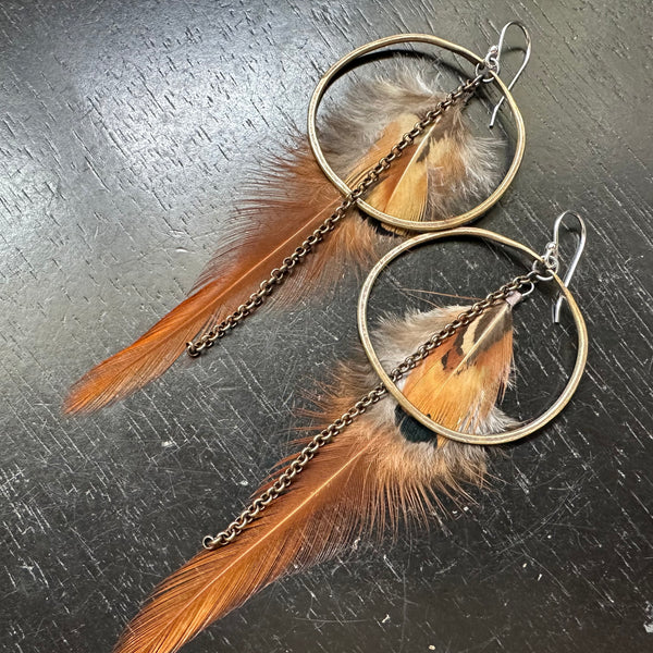 NEW! #7 Medium Brass Hoops, Fluffy rust Base, Tan/Brown/Black accent Feathers, chains OOAK #7