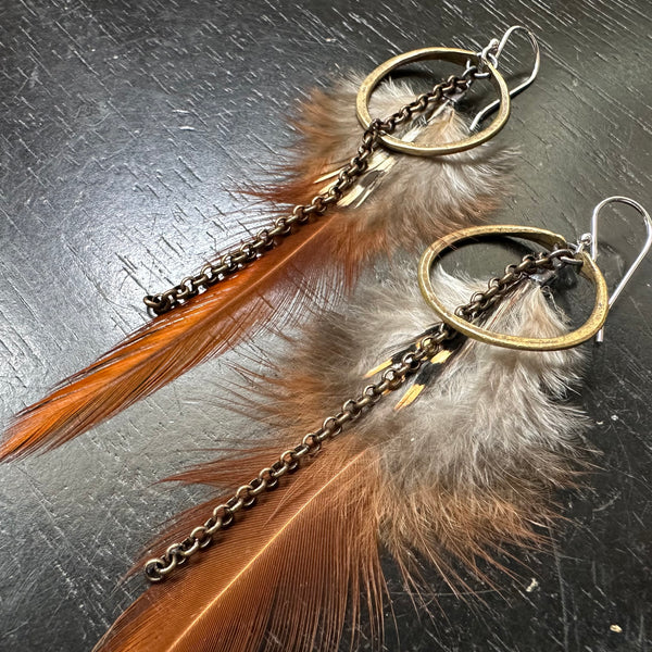 NEW! #2 TINY Brass Hoops Rust Base, Fluffy Black+Tan Accent Feathers #2