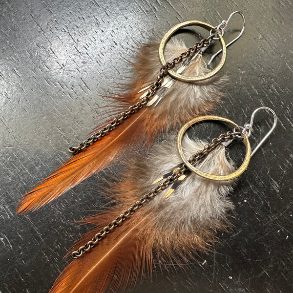 NEW! #2 TINY Brass Hoops Rust Base, Fluffy Black+Tan Accent Feathers #2