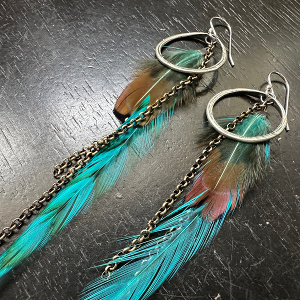 NEW! #1 TINY Silver Hoops, BRIGHT TEAL Base, Fluffy Tan/Black Accents, Brass Chains! OOAK#1