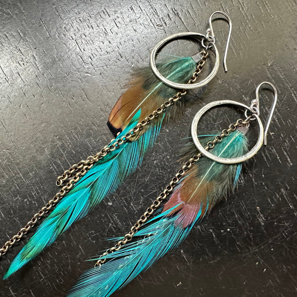 NEW! #1 TINY Silver Hoops, BRIGHT TEAL Base, Fluffy Tan/Black Accents, Brass Chains! OOAK#1