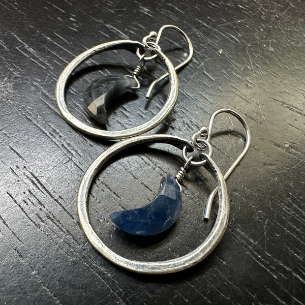 Sapphire Crescent Moons in Tiny Silver Hoops