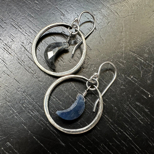 Sapphire Crescent Moons in Tiny Silver Hoops