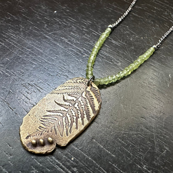 Brass Fern Necklace with Peridots