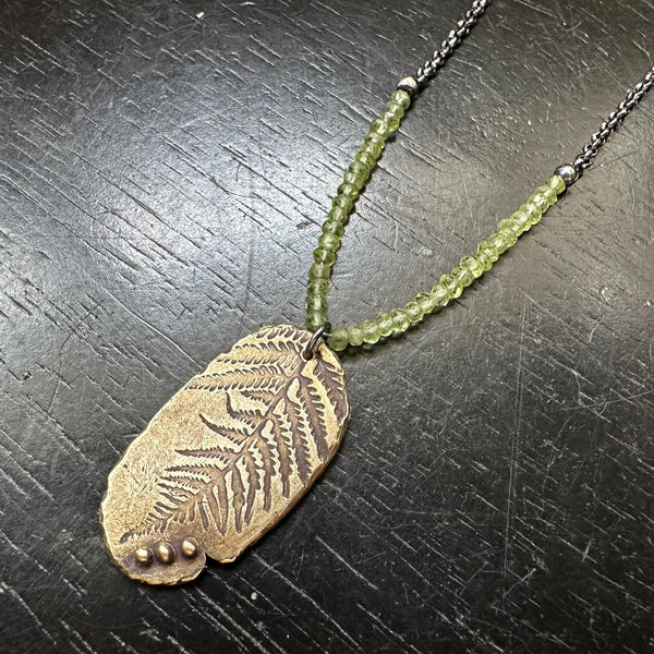 Brass Fern Necklace with Peridots