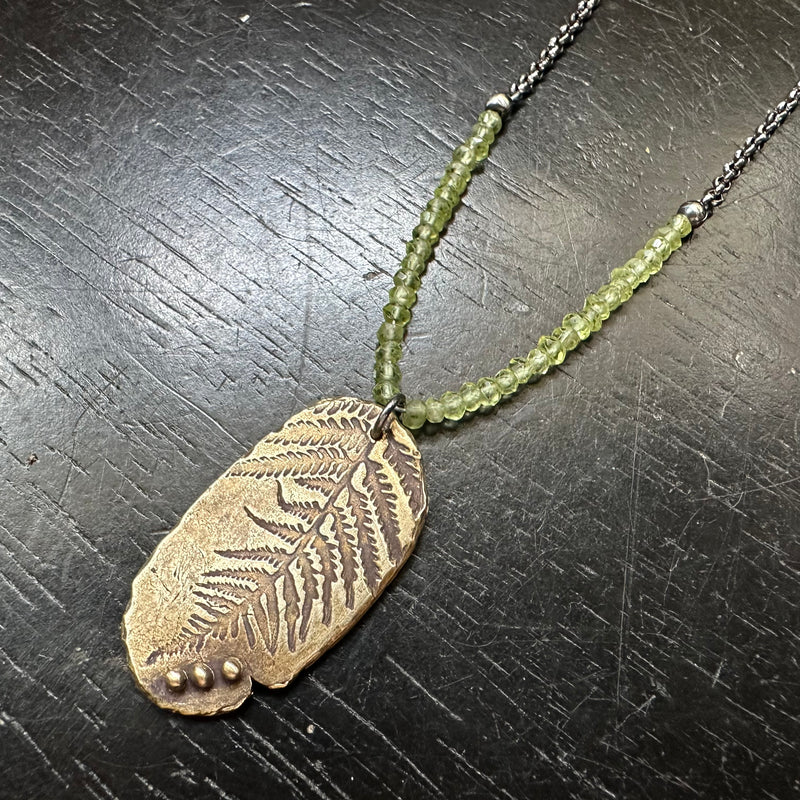 Brass Fern Necklace with Peridots