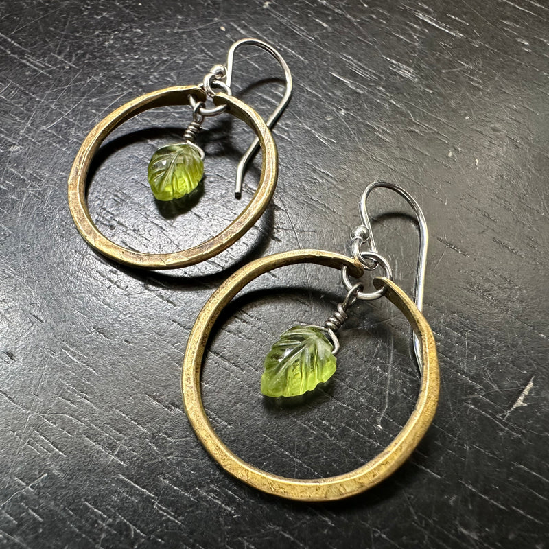 NEW! Tiny PERIDOT CARVED LEAVES in Brass Hoops