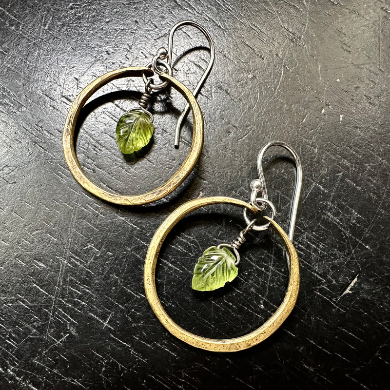 NEW! Tiny PERIDOT CARVED LEAVES in Brass Hoops