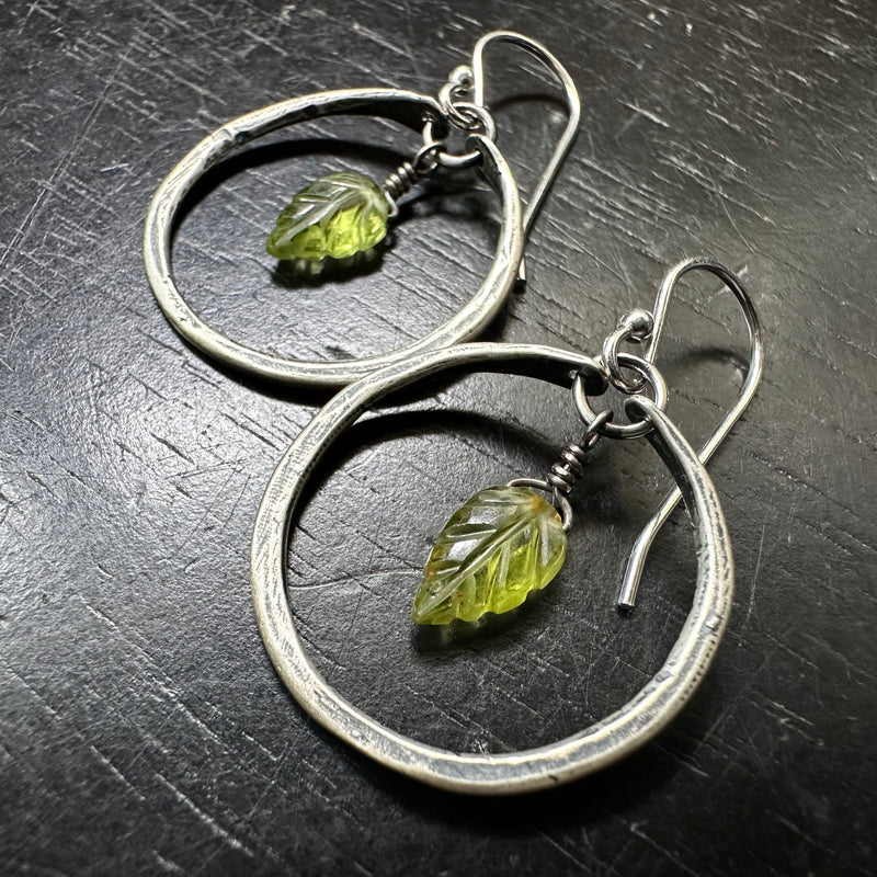 NEW! Tiny PERIDOT CARVED LEAVES in Silver Hoops
