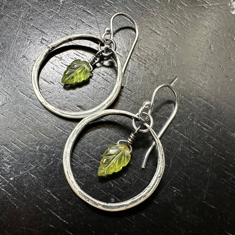 NEW! Tiny PERIDOT CARVED LEAVES in Silver Hoops