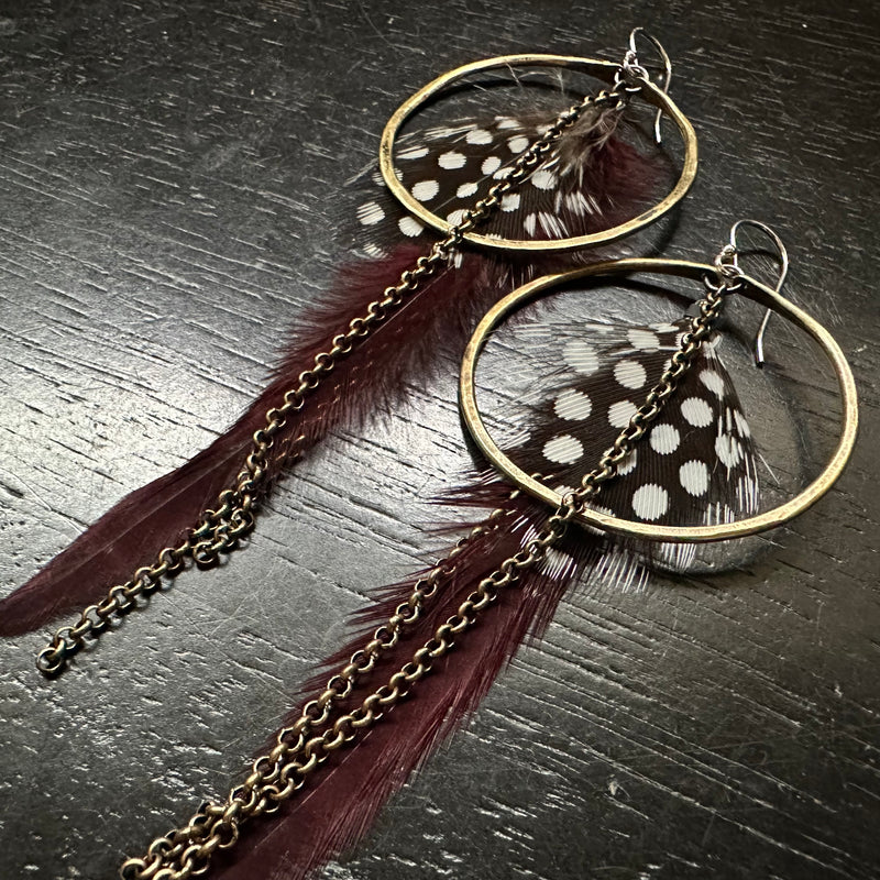 Maroon and Polka Dot Feather Earrings with Medium Brass Hoops
