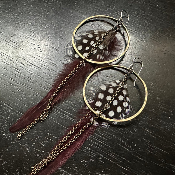 NEW FEATHER EARRINGS! Medium Brass Hoops, Maroon base/Black+White Polka Dot accent feathers