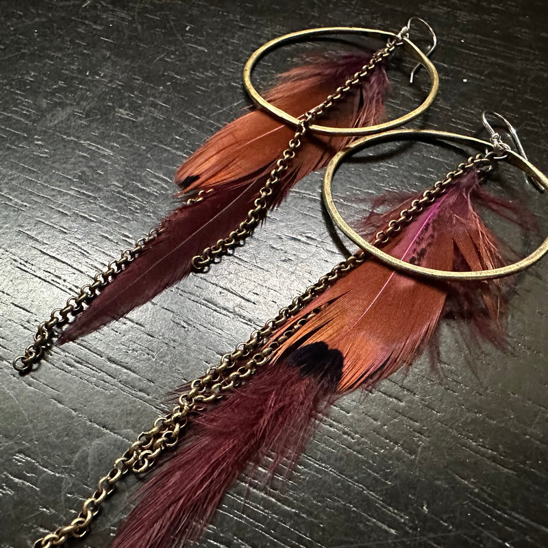 Fluffy Maroon Feather Earrings with Medium Brass Hoops