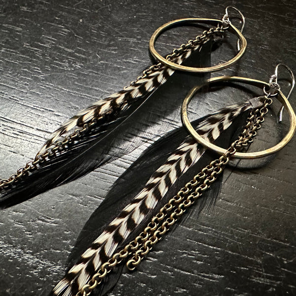 NEW FEATHER EARRINGS! Small Brass Hoops, Black Base and Black+White striped accent feathers