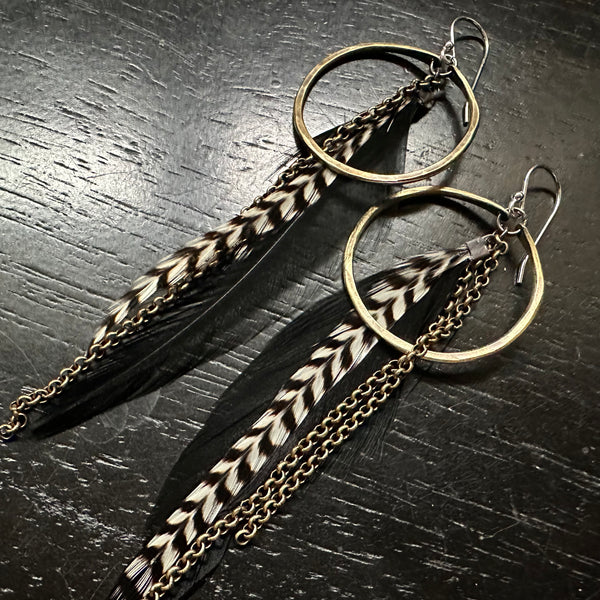 NEW FEATHER EARRINGS! Small Brass Hoops, Black Base and Black+White striped accent feathers