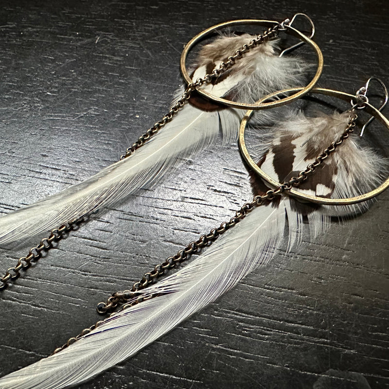 Fluffy White and Brown Feather Earrings with Medium Brass Hoops