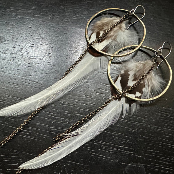 Fluffy White and Brown Feather Earrings with Medium Brass Hoops