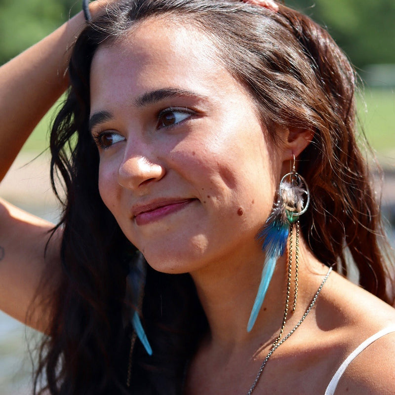 Teal Feather Earrings with Small Silver Hoops