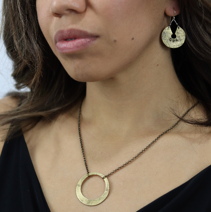 ORIJEN'S: TEXTURED KEYHOLE DISCS with 3 DOTS Earrings Your Choice Brass or Silver