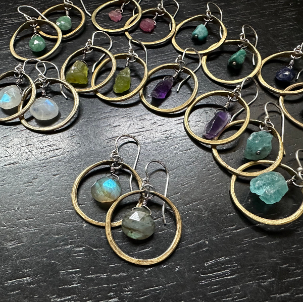 TINY BRASS HOOPS WITH YOUR CHOICE OF CRYSTAL/STONE!