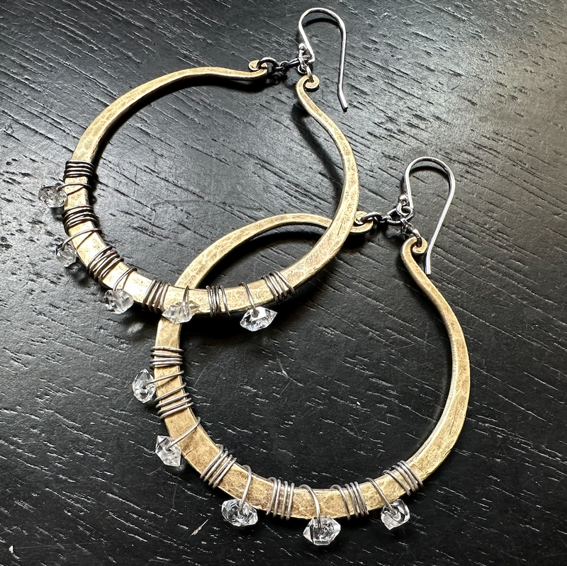 Twisted Brass Torque Earrings with Herkimer Diamonds