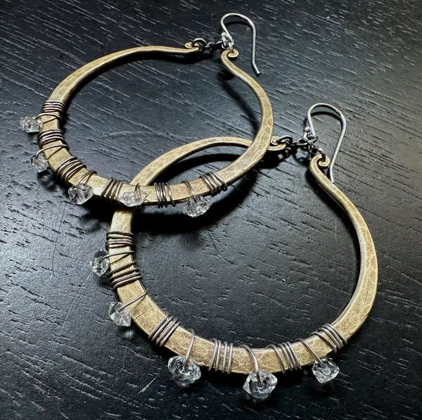 TWISTED Torque Earring, Brass with Herkimer Diamonds