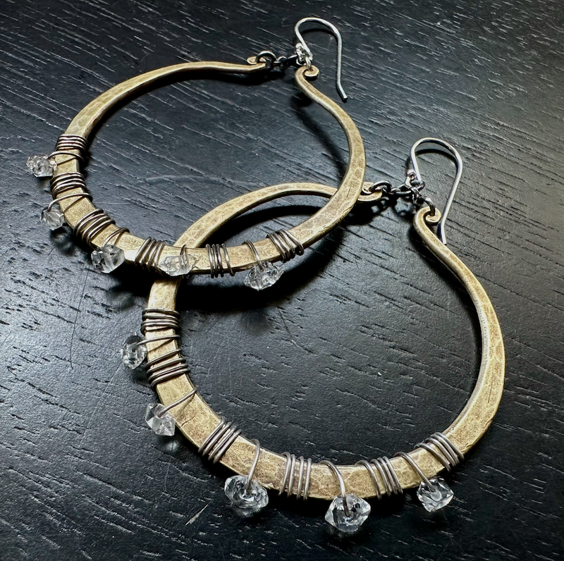 Twisted Brass Torque Earrings with Herkimer Diamonds