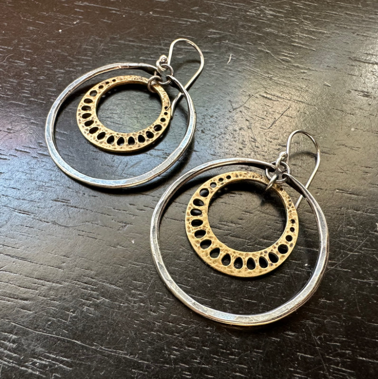 Tiny Brass Lotus Root Earrings in Small Sterling Silver Hoops