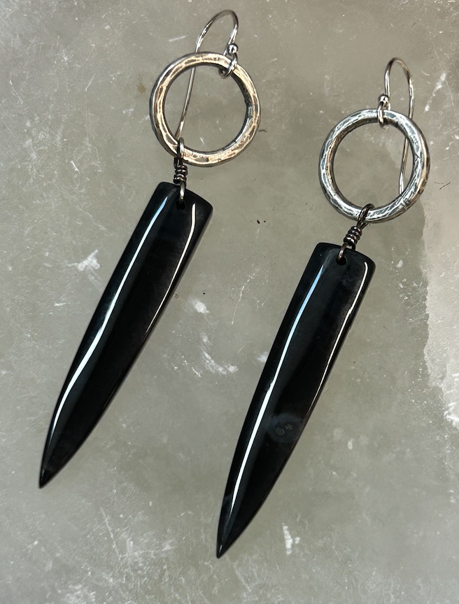 #2 DK BLUE Bookmatched ONYX Spear dangles, Silver Forged Rings OOAK #2